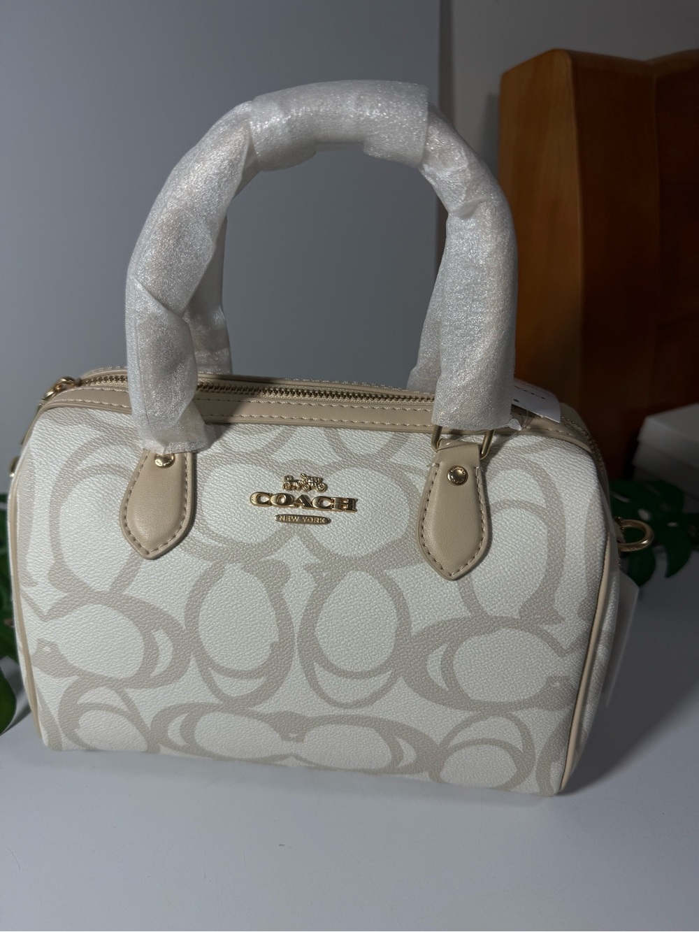 Coach Mini Satchel in Chalk and Beige Signature Print